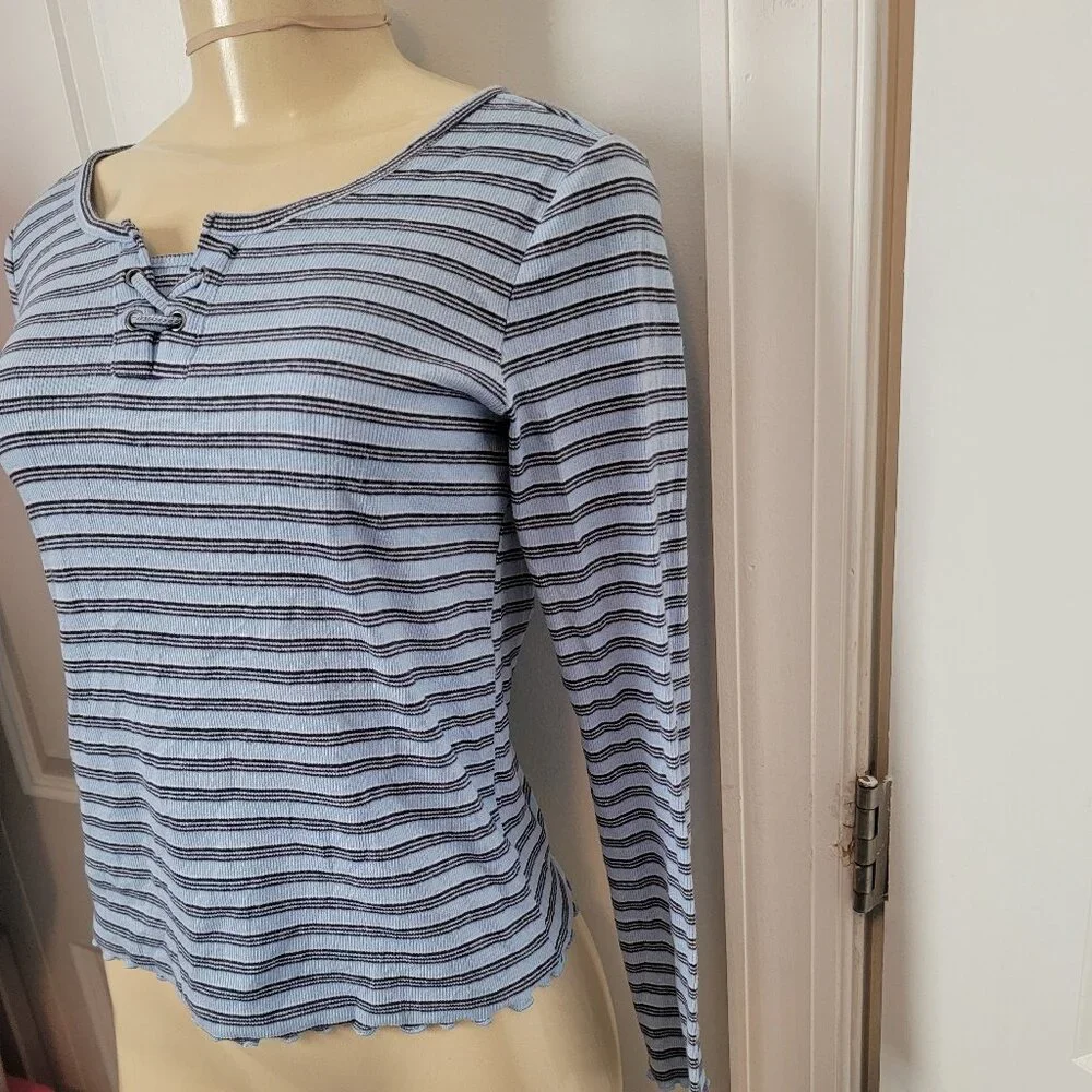 Justice Girls Long Sleeve Lace Up Ribbed Thermal Top Blue Stripes